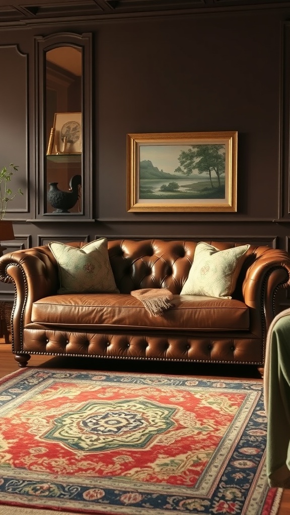A classic Chesterfield sofa in a traditional living room setting, featuring rich leather, decorative pillows, and an elegant area rug.