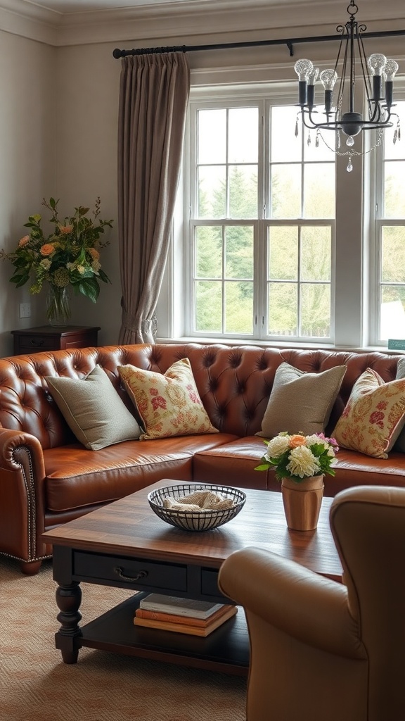 A classic living room featuring a Chesterfield sofa with decorative pillows, a wooden coffee table, and large windows with curtains.