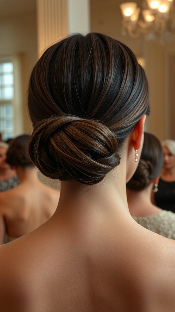 Back view of a classic chignon hairstyle, showing smooth twists of hair elegantly pinned up.