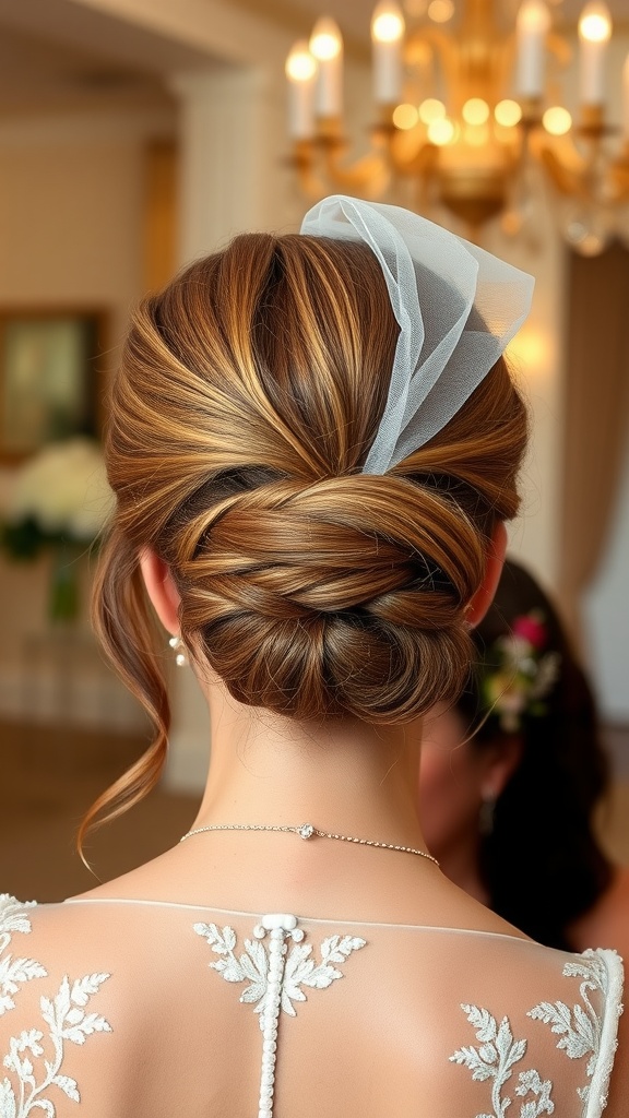 A bride's classic chignon ponytail hairstyle with a veil, showcasing elegance and simplicity.