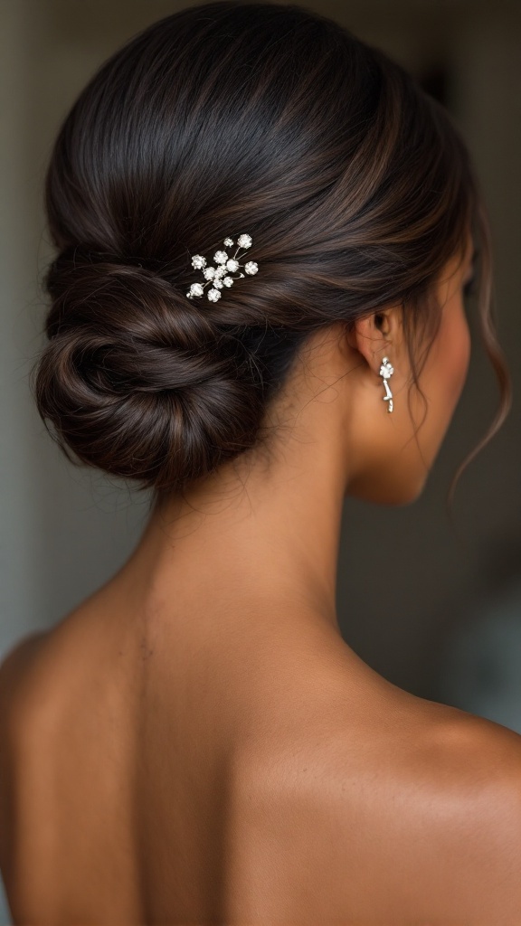 A woman with a classic chignon hairstyle adorned with decorative clips, showcasing an elegant and refined look.
