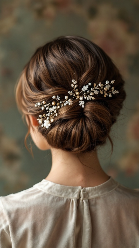 A woman with a classic chignon hairstyle adorned with floral hair accessories.