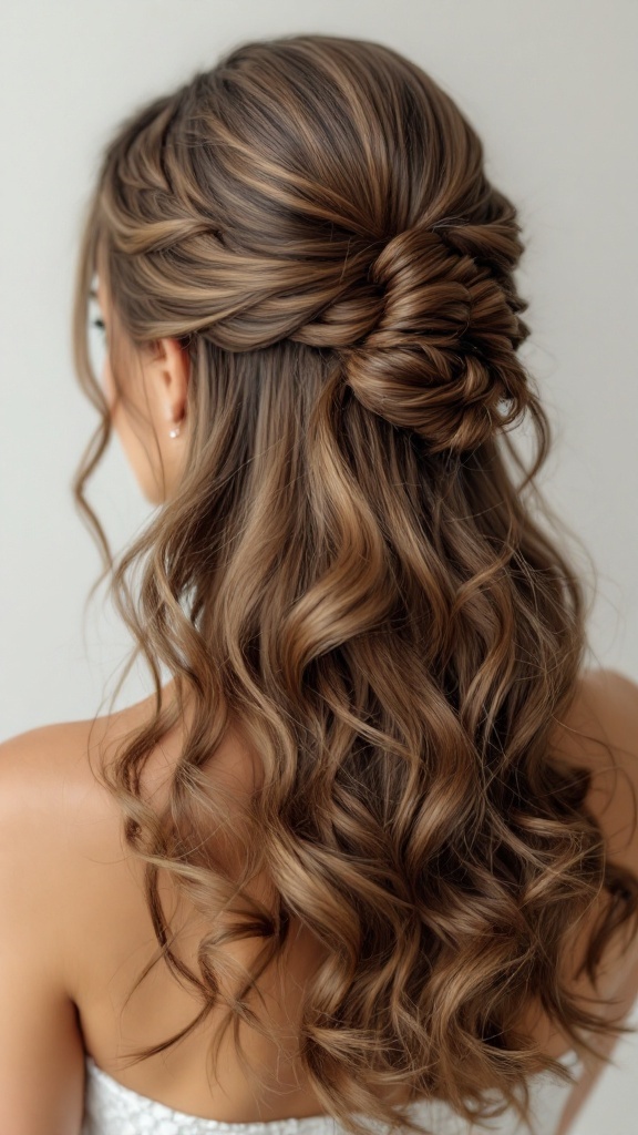 A hairstyle featuring a classic chignon with curls flowing down. Perfect for weddings.