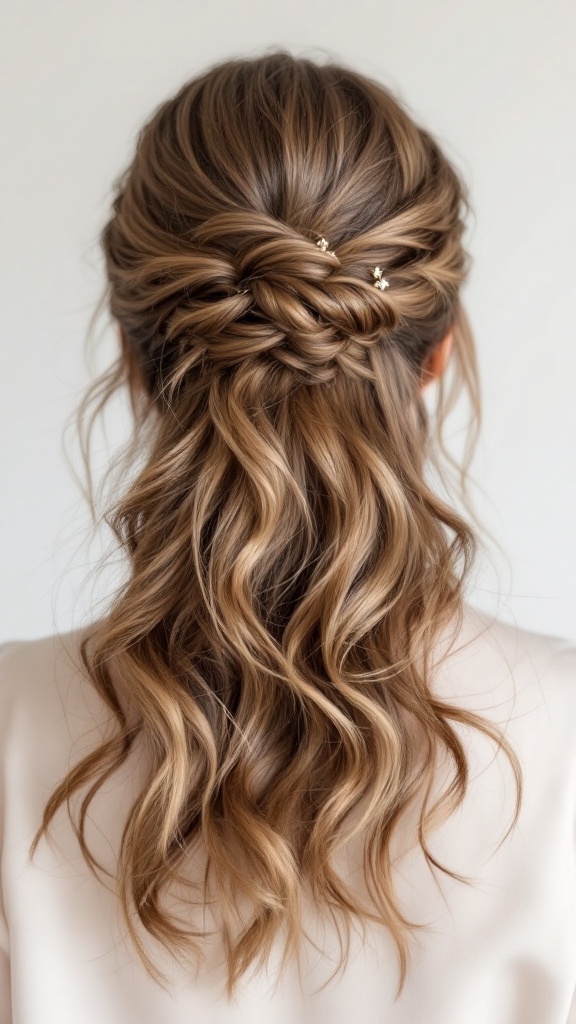 A classic chignon hairstyle with loose waves, featuring delicate pins.