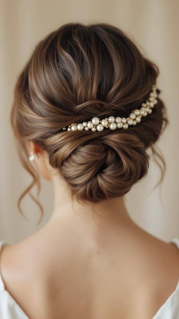 A classic chignon hairstyle adorned with a pearl crown, showcasing a sophisticated bridal look.