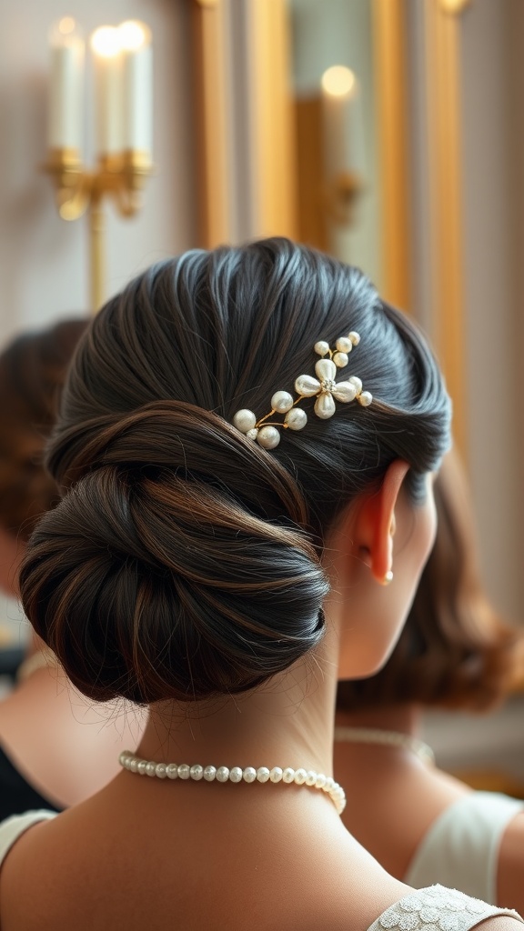 A close-up view of a classic chignon hairstyle adorned with a pearl hair accessory, highlighting elegant styling for long hair.