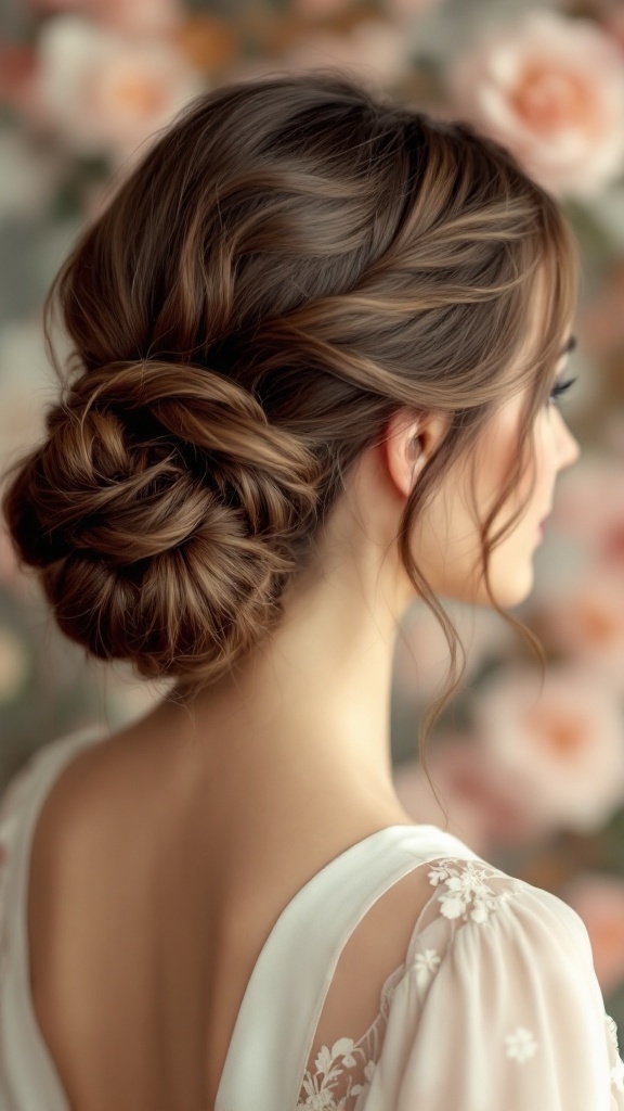 A beautiful classic chignon hairstyle with soft tendrils framing the face, styled on medium-length hair.
