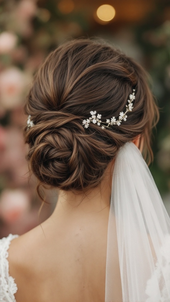 A close-up view of a classic chignon hairstyle adorned with a veil and floral hairpiece.