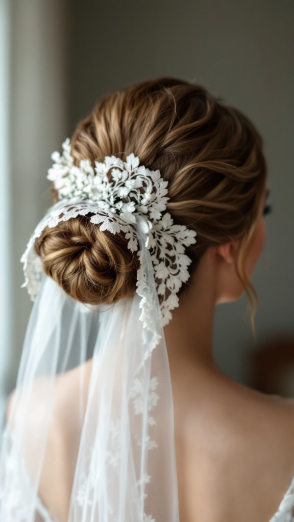 A beautiful classic chignon hairstyle with a lace veil and floral accessory.