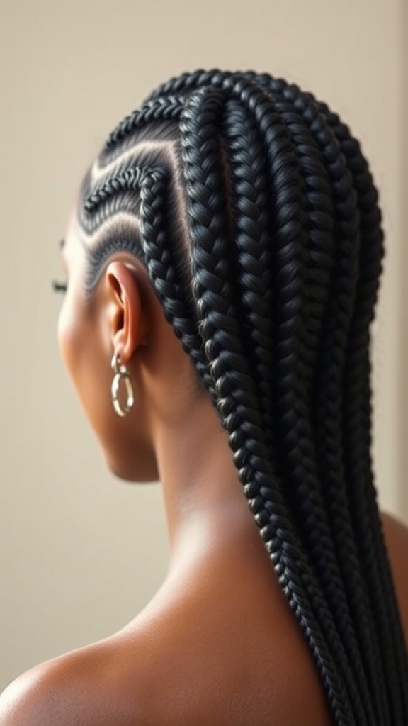 A close-up view of intricate cornrow weave hairstyle on a woman, showcasing defined braids and a smooth scalp.