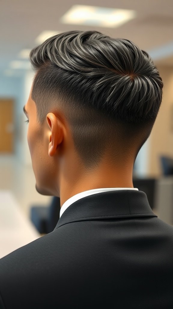 A rear view of a man with a classic crew cut hairstyle, showing tapered sides and styled top, wearing a suit.