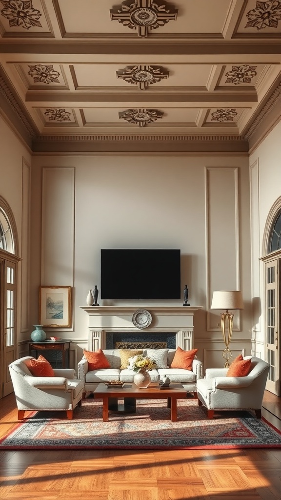 A traditional living room featuring elegant crown molding and baseboards, with cozy seating and warm wooden flooring.