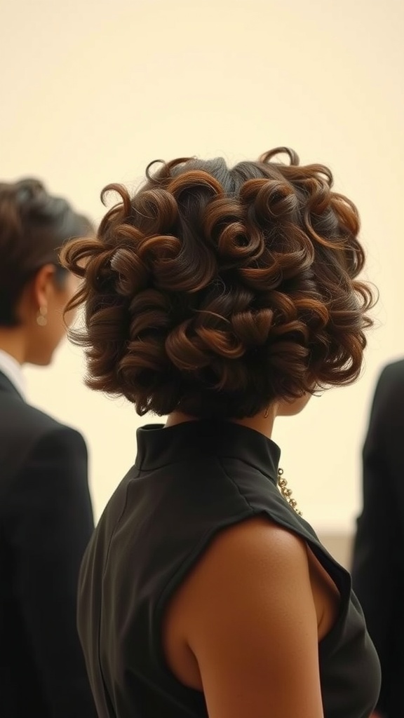 A woman with a classic curly bob hairstyle, featuring voluminous curls in a stylish setting.