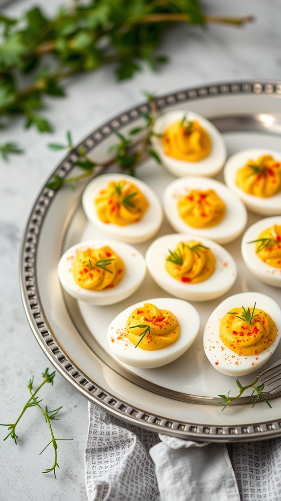 A platter of decorated deviled eggs topped with herbs and spices.