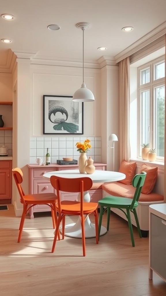 A cozy retro kitchen dining nook with a round table and colorful chairs.