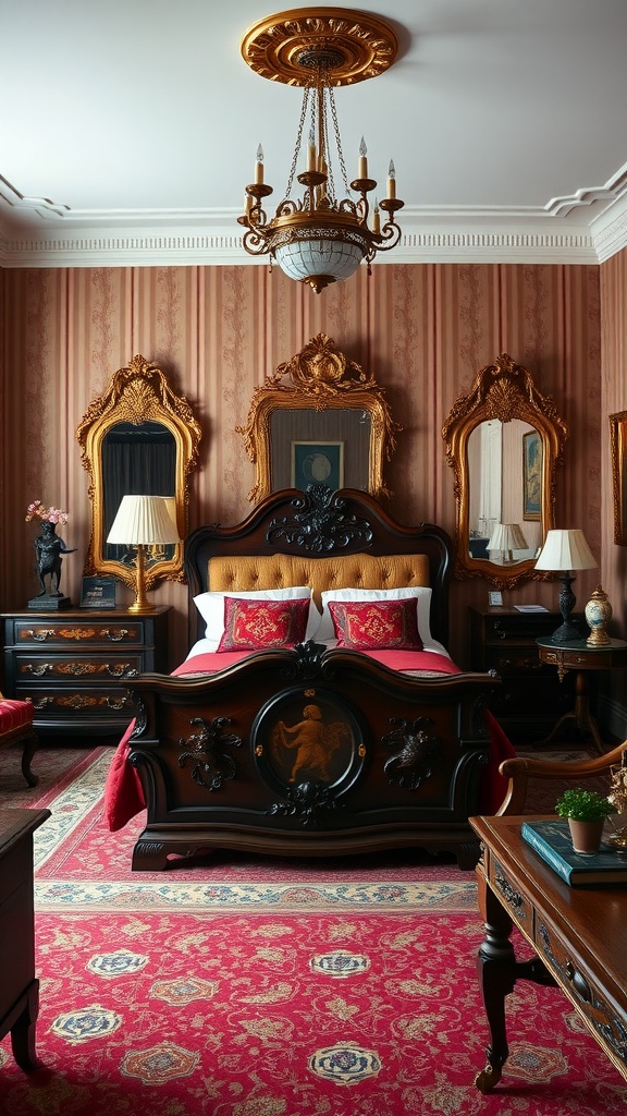 A luxurious bedroom featuring dark wood furniture, rich red accents, ornate mirrors, and a chandelier.