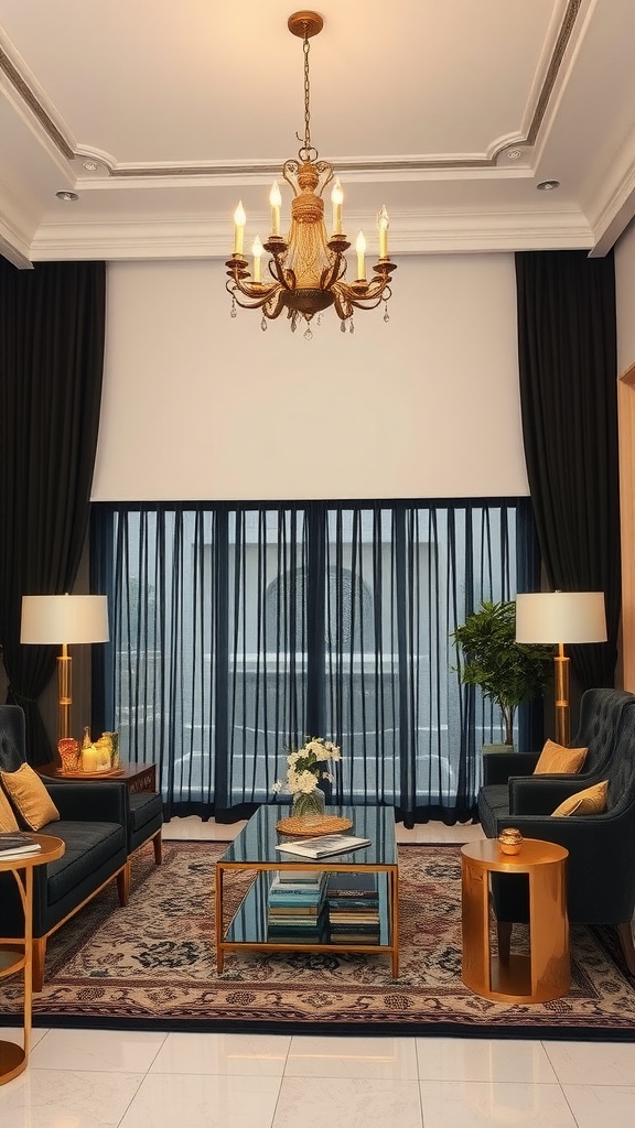 A stylish living room featuring black curtains, gold accents, and elegant furniture.