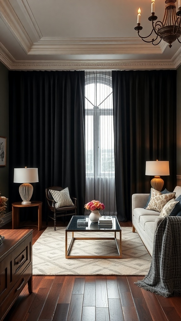 A cozy living room featuring black curtains, gold accents, and stylish furniture.