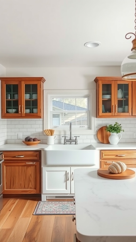 A cozy kitchen featuring a classic farmhouse sink, warm wood cabinetry, and a bright atmosphere.
