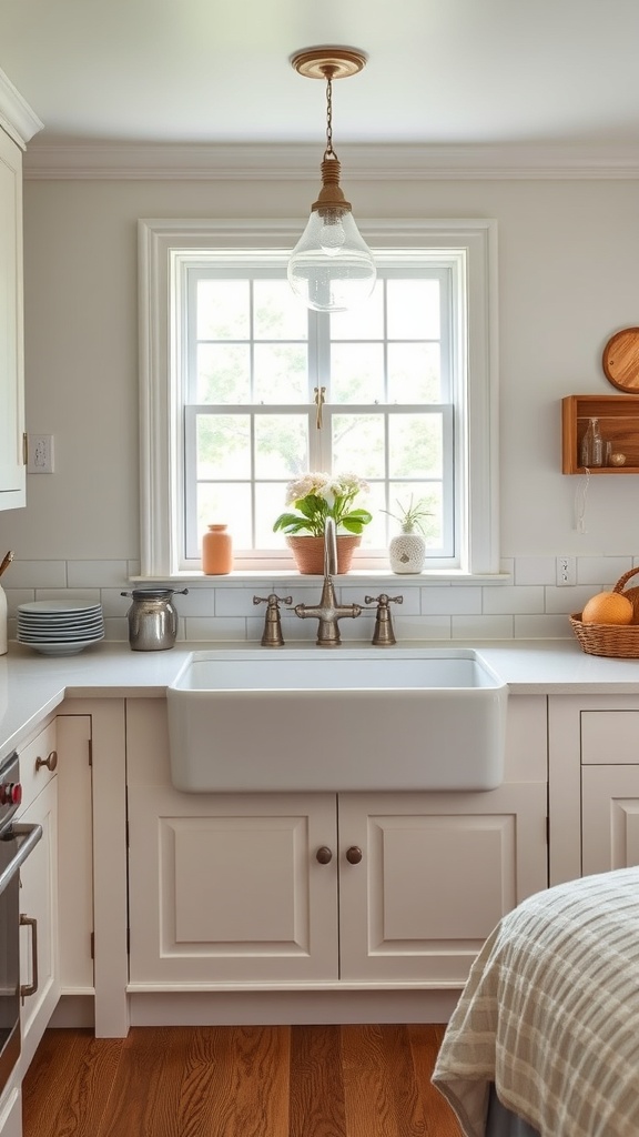 A classic farmhouse sink in a bright kitchen with brass fixtures and natural light.