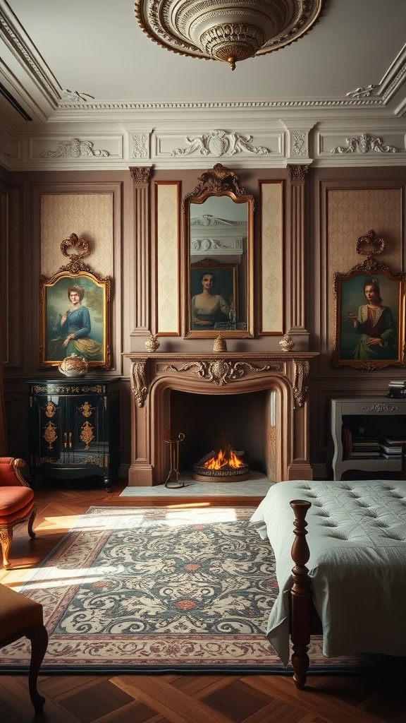 Elegant bedroom featuring a classic fireplace with ornate detailing, framed portraits, and a plush rug.