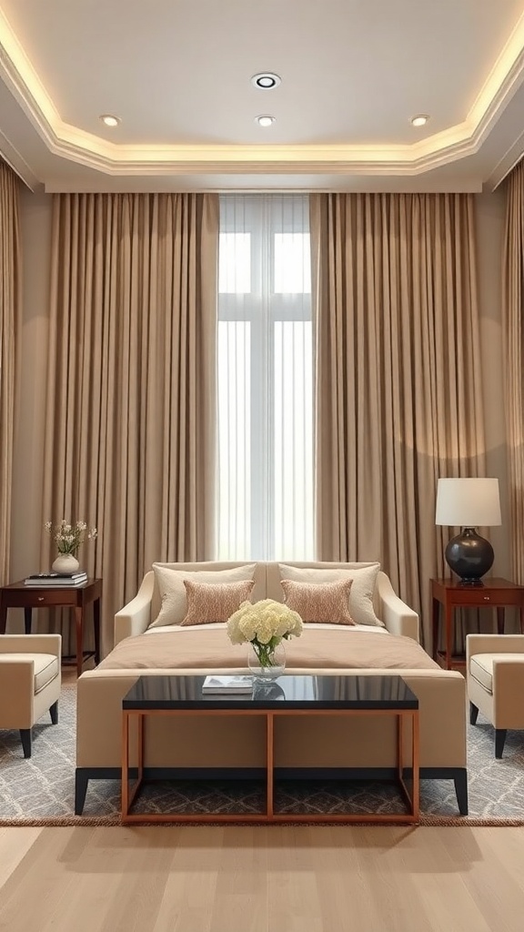Living room with classic floor-to-ceiling curtains in neutral tones.