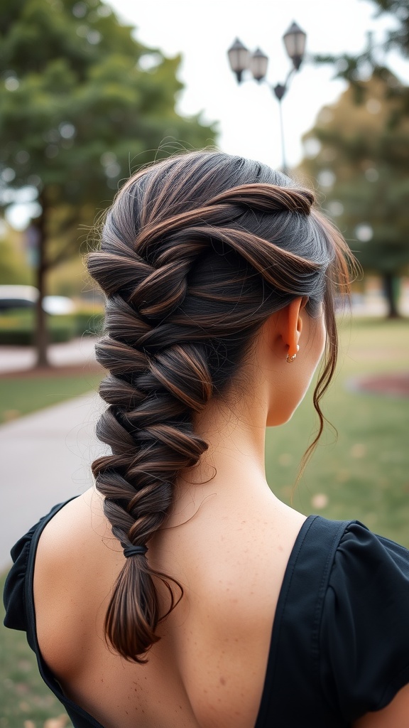 A classic French braid hairstyle, showcasing neat and elegant braiding technique.