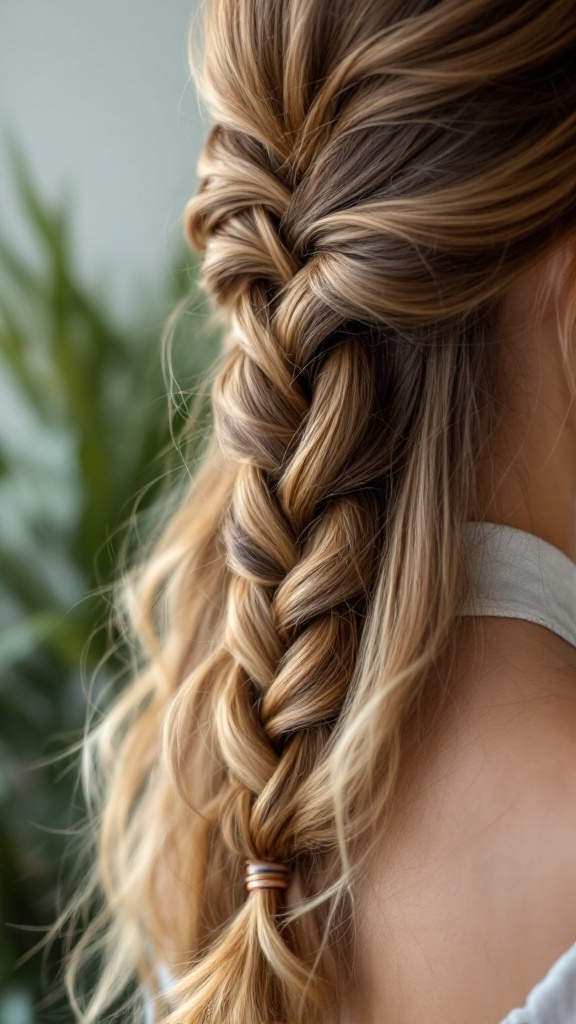 A close-up view of a classic French braid hairstyle on long hair, featuring a blend of light and dark shades.