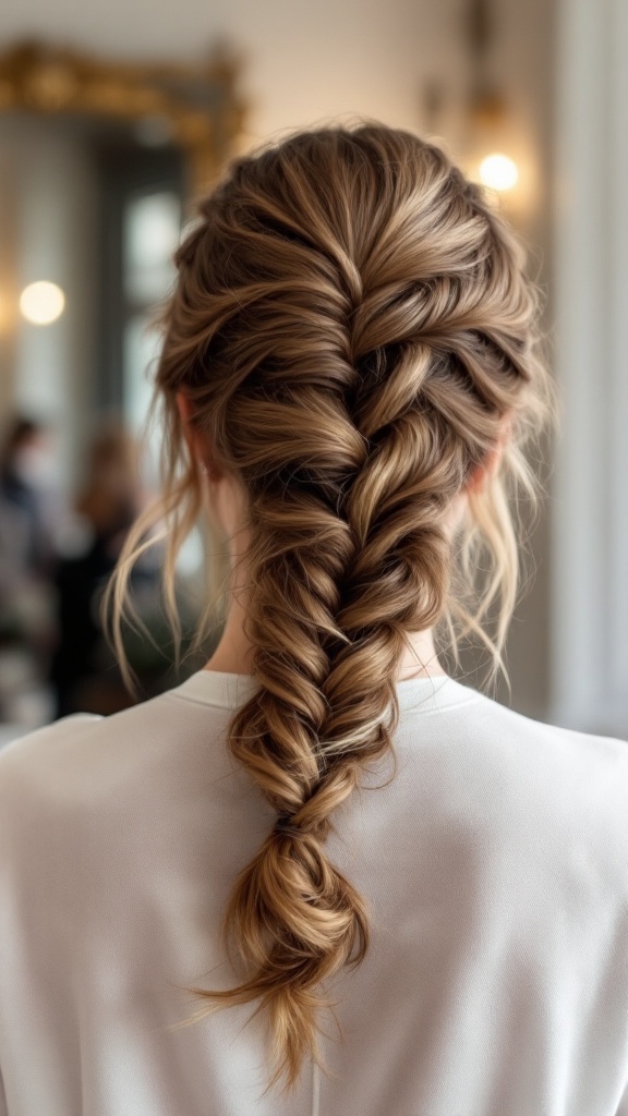 A close-up view of a beautifully styled classic French braid with natural volume.
