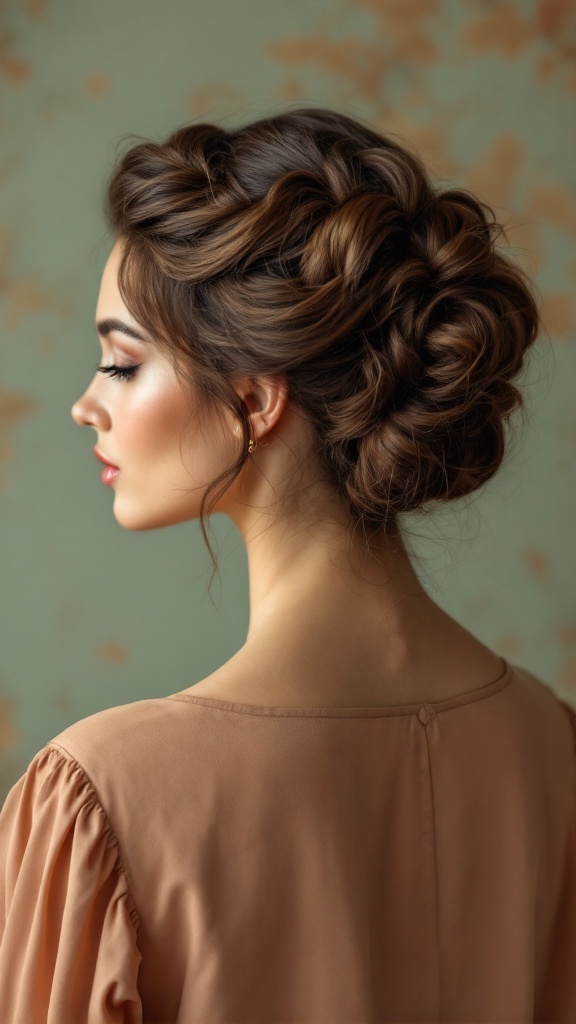 A side profile of a woman with a textured French roll hairstyle, showcasing elegance and sophistication.