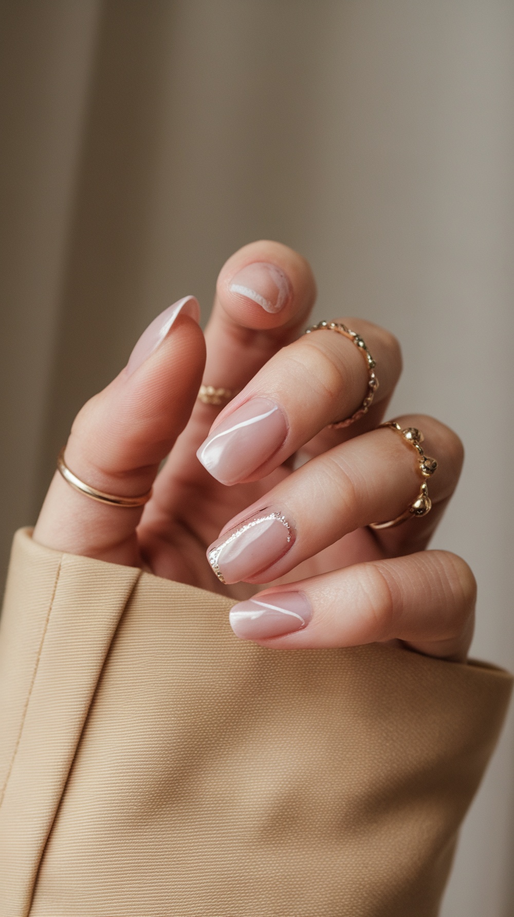 A hand showing classic French tip nails with a twist, featuring a soft pink base and shimmering accents, adorned with gold rings.