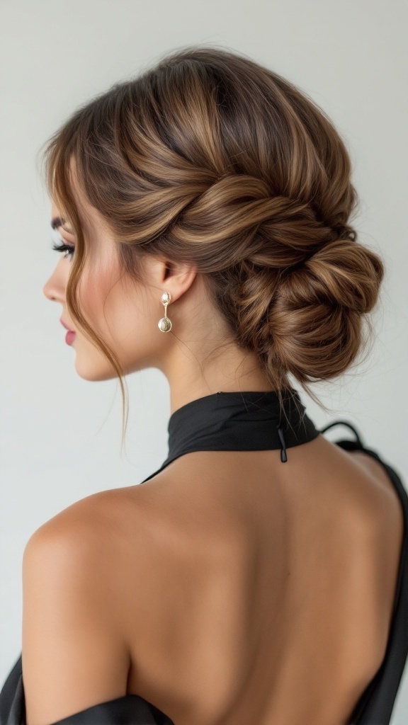 A woman with a classic French twist hairstyle, wearing a high neck dress, showcasing elegance and sophistication.