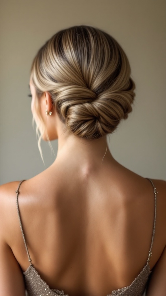 A classic French twist hairstyle showcasing an elegant updo for medium hair.