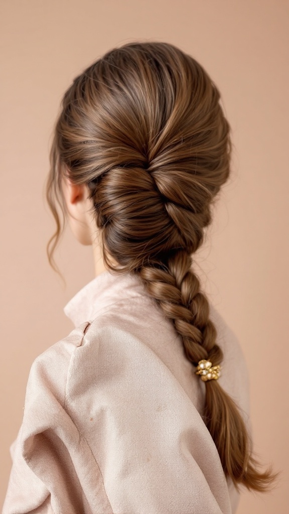 A woman with thick hair styled in a Classic French Twist, featuring a smooth bun and a decorative hairpin.