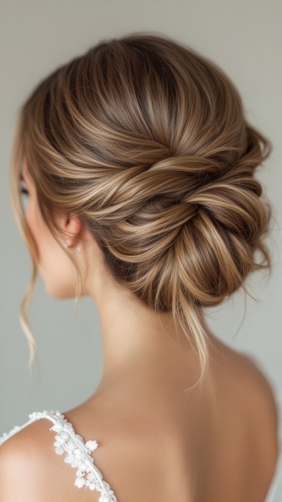 A classic French twist hairstyle for long hair, elegantly styled and pinned up, showcasing soft waves and face-framing strands.