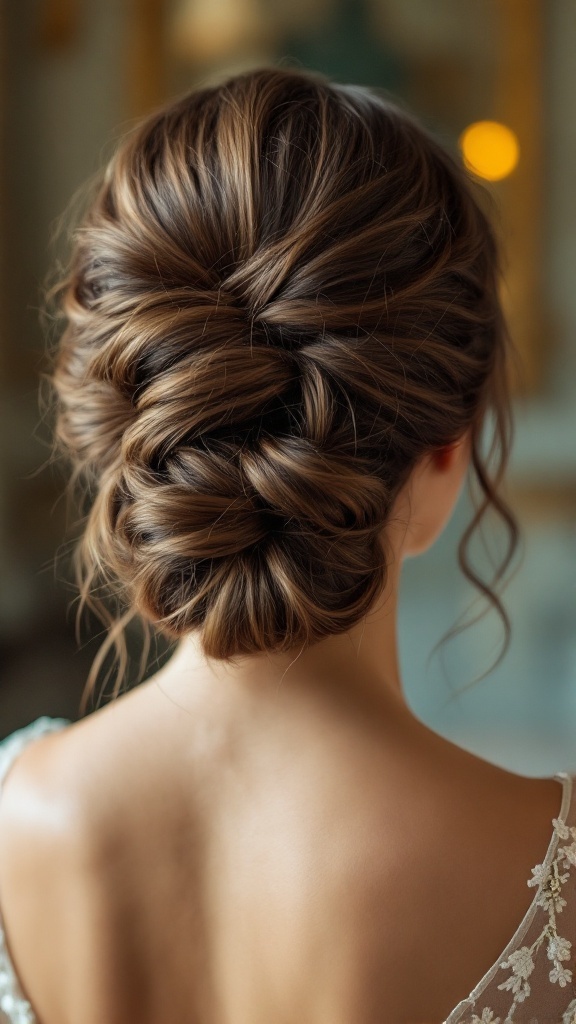 A classic French twist hairstyle on a woman, showcasing an elegant updo suitable for bridesmaids.