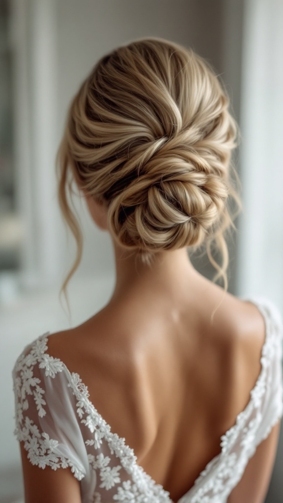 A woman with a classic French twist bun hairstyle, showing a graceful back view