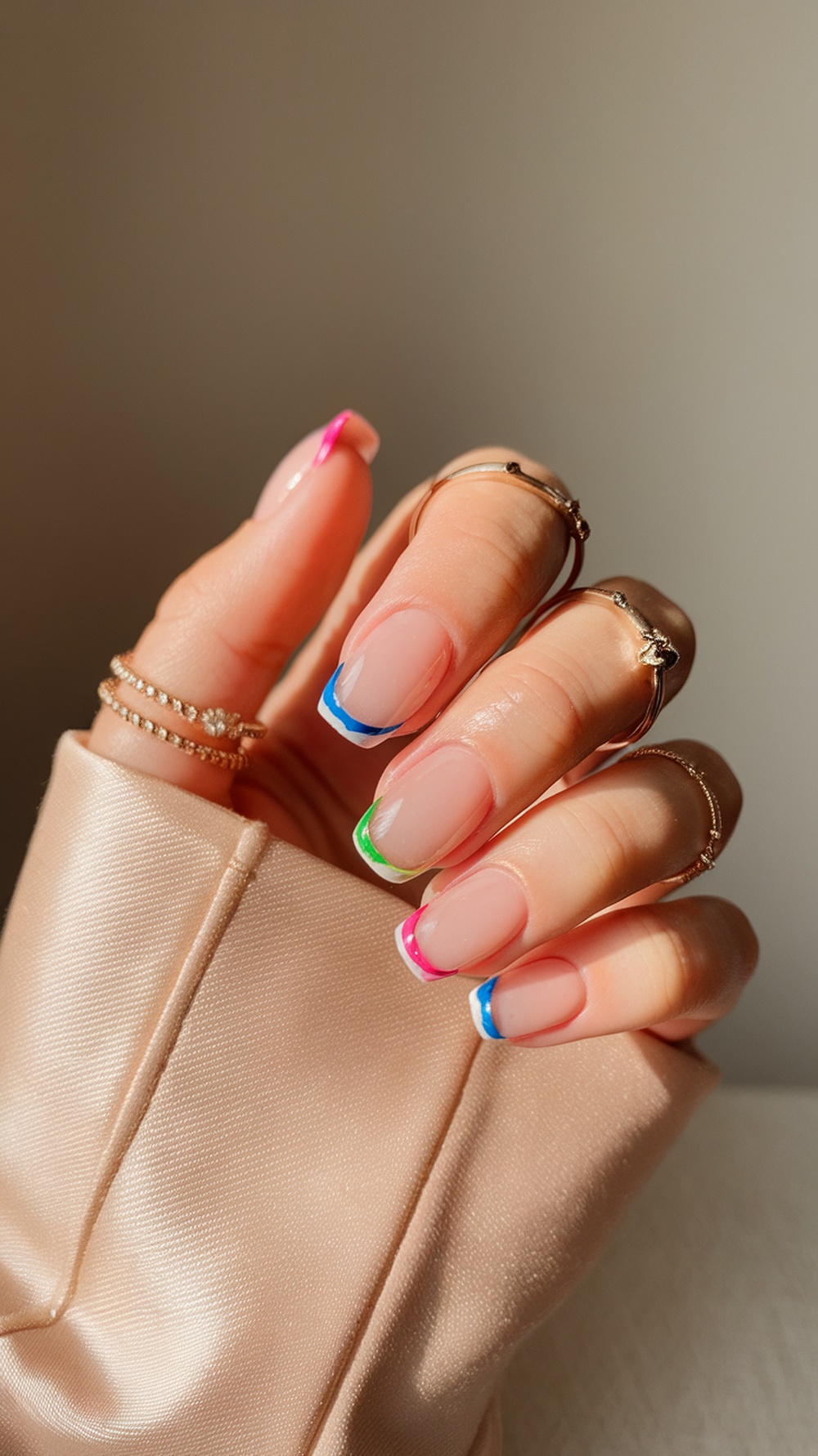 A hand with colorful French tip nails featuring pink, blue, and green tips, adorned with rings.