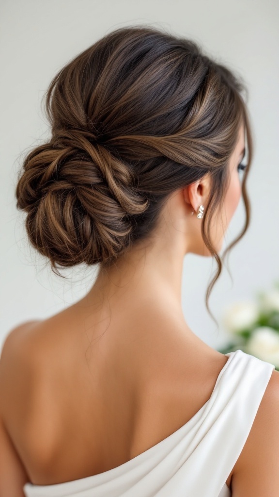 A woman with a classic French twist hairstyle, elegantly styled, wearing a one-shoulder dress.