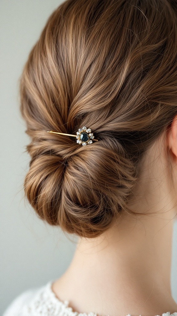 A classic French twist hairstyle secured with a decorative pin, showcasing a timeless romantic style.