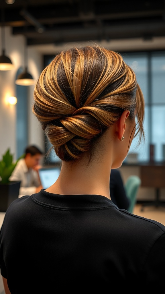 A woman with a classic French twist hairstyle, showcasing elegant highlights, in a modern office setting.