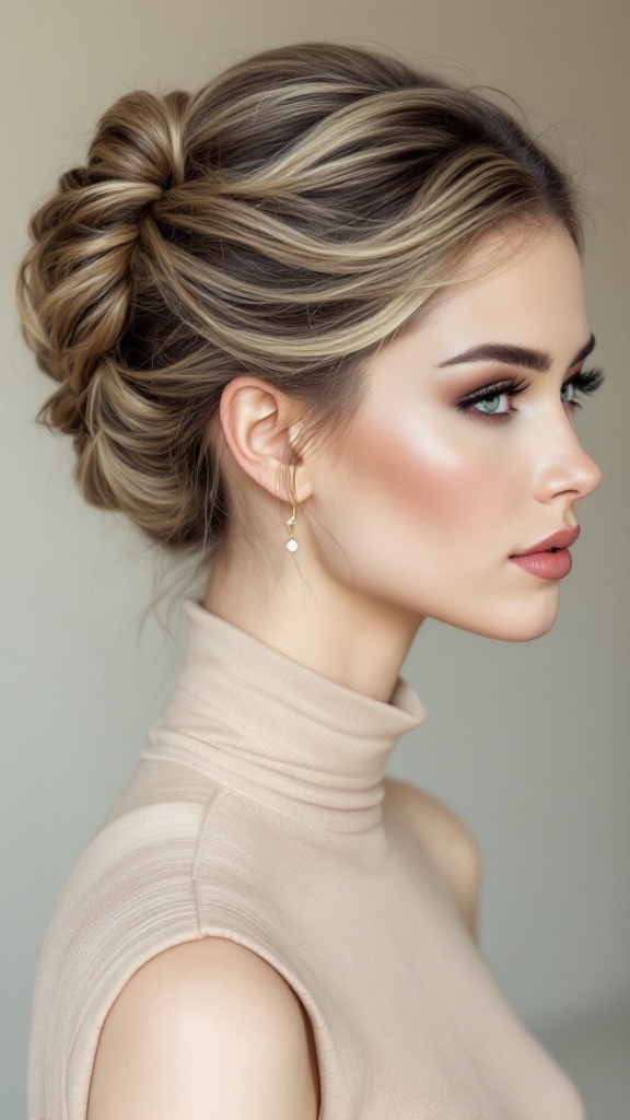 A woman with a modern French twist hairstyle, wearing a high neck dress, showcasing elegance.