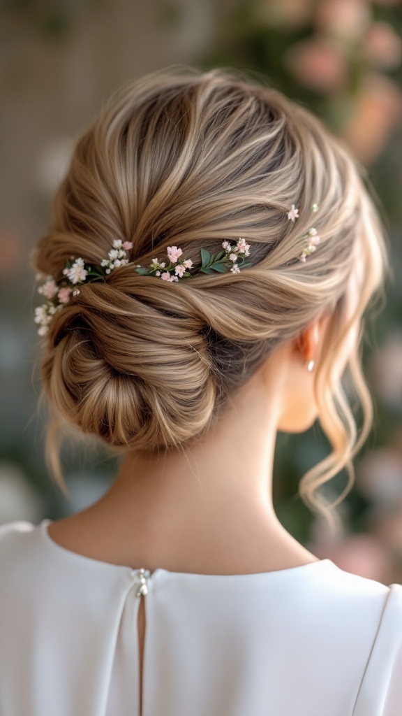 A classic French twist hairstyle adorned with delicate flowers, showcasing elegance and beauty.