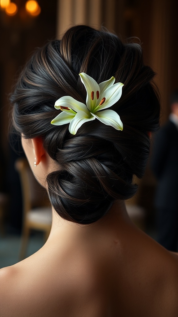A classic French twist hairstyle adorned with white lily blooms.