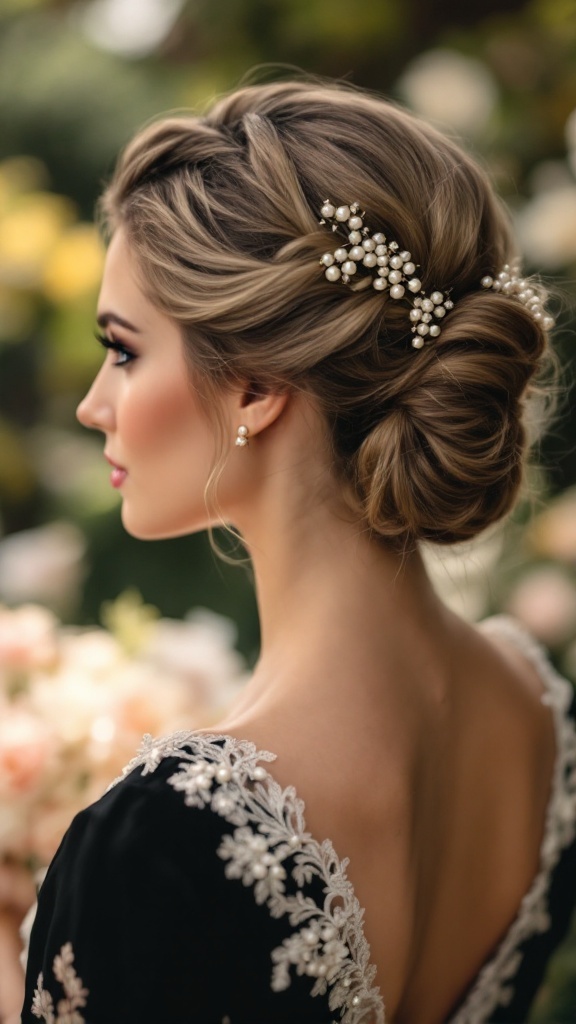 Elegant bridesmaid hairstyle featuring a classic French twist adorned with pearls.