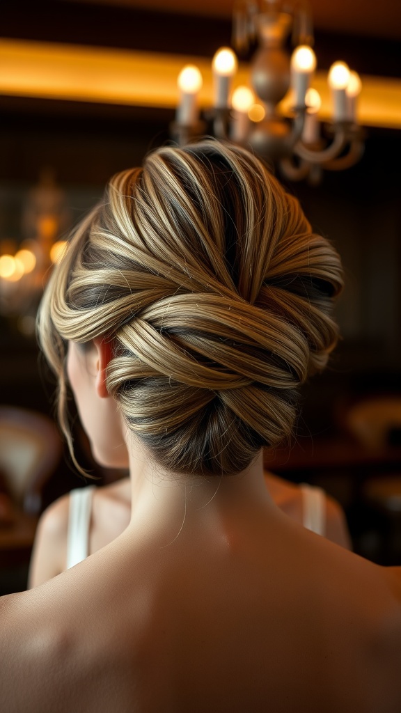 A woman showcasing a classic French twist hairstyle with soft volume, viewed from the back.