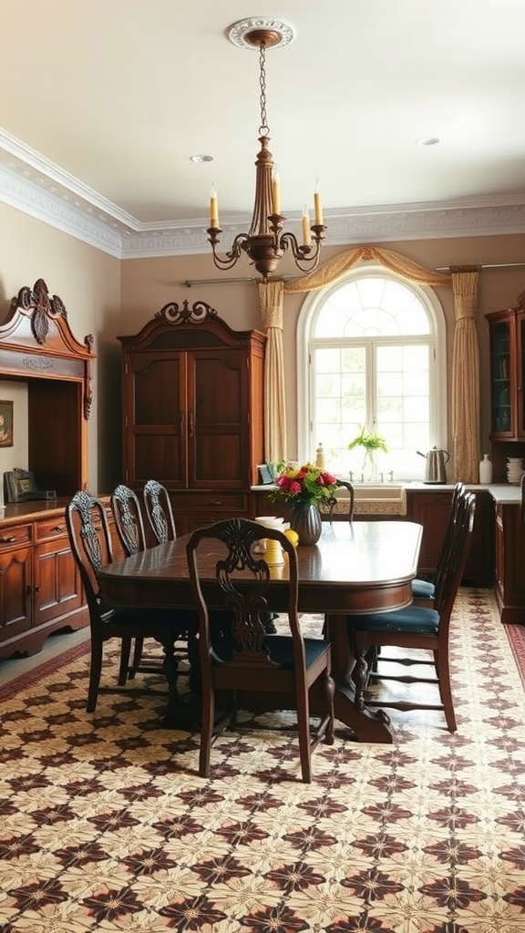 A Victorian kitchen featuring classic wooden furniture, a large dining table, and a chandelier.