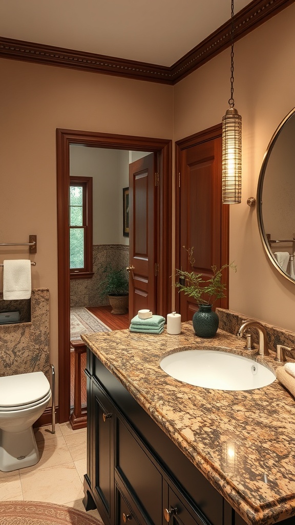 Bathroom with granite countertop, dark cabinetry, and warm lighting