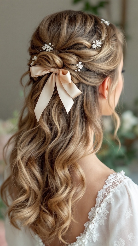 A classic half-up half-down hairstyle for flower girls, featuring soft curls, a ribbon, and decorative hair accessories.