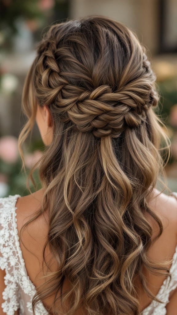 A classic half-up half-down hairstyle with twists, featuring cascading waves and an intricate bun at the back.